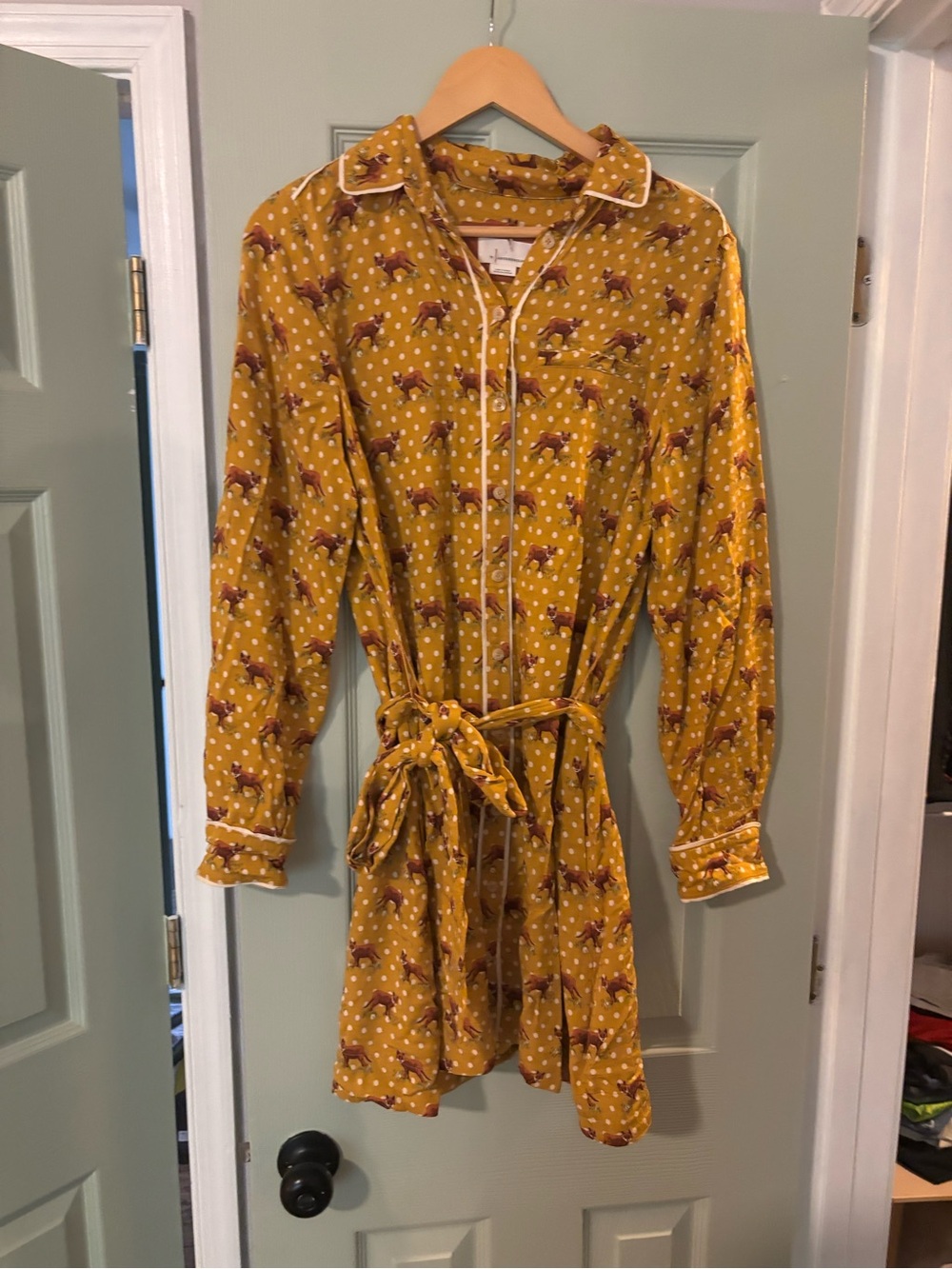 Anthropologie Mustard Yellow Printed Long-Sleeve Shirt Dress